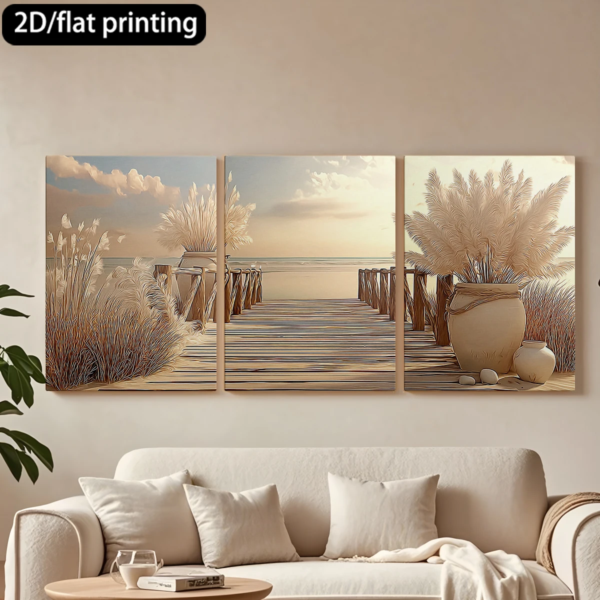 

2D плоская печать, 3-х частная декоративная картина на холсте в деревянной раме, «Путь к морю», декоративные вазы. Декор для коридора и спальни.