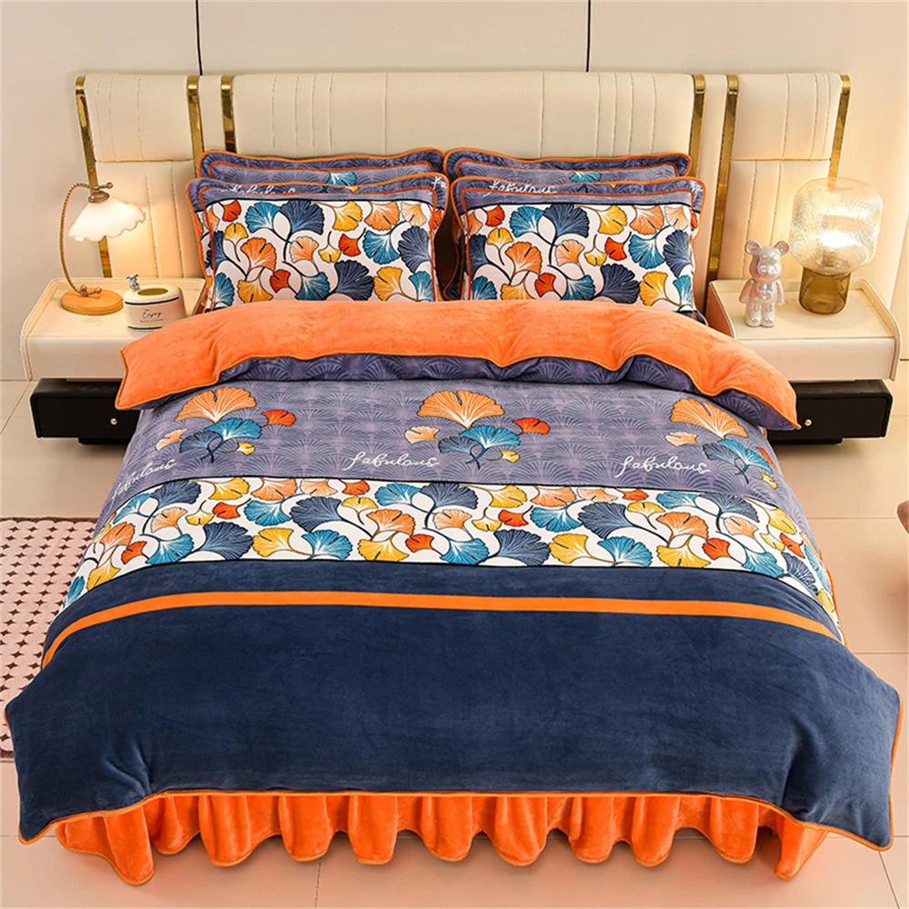 Light Luxury Printed Milk Fleece Four-Piece Sets Quilt Cover Pillowcase Bed Sheet Winter Thickened Soft Duvet Cover Bedding Set