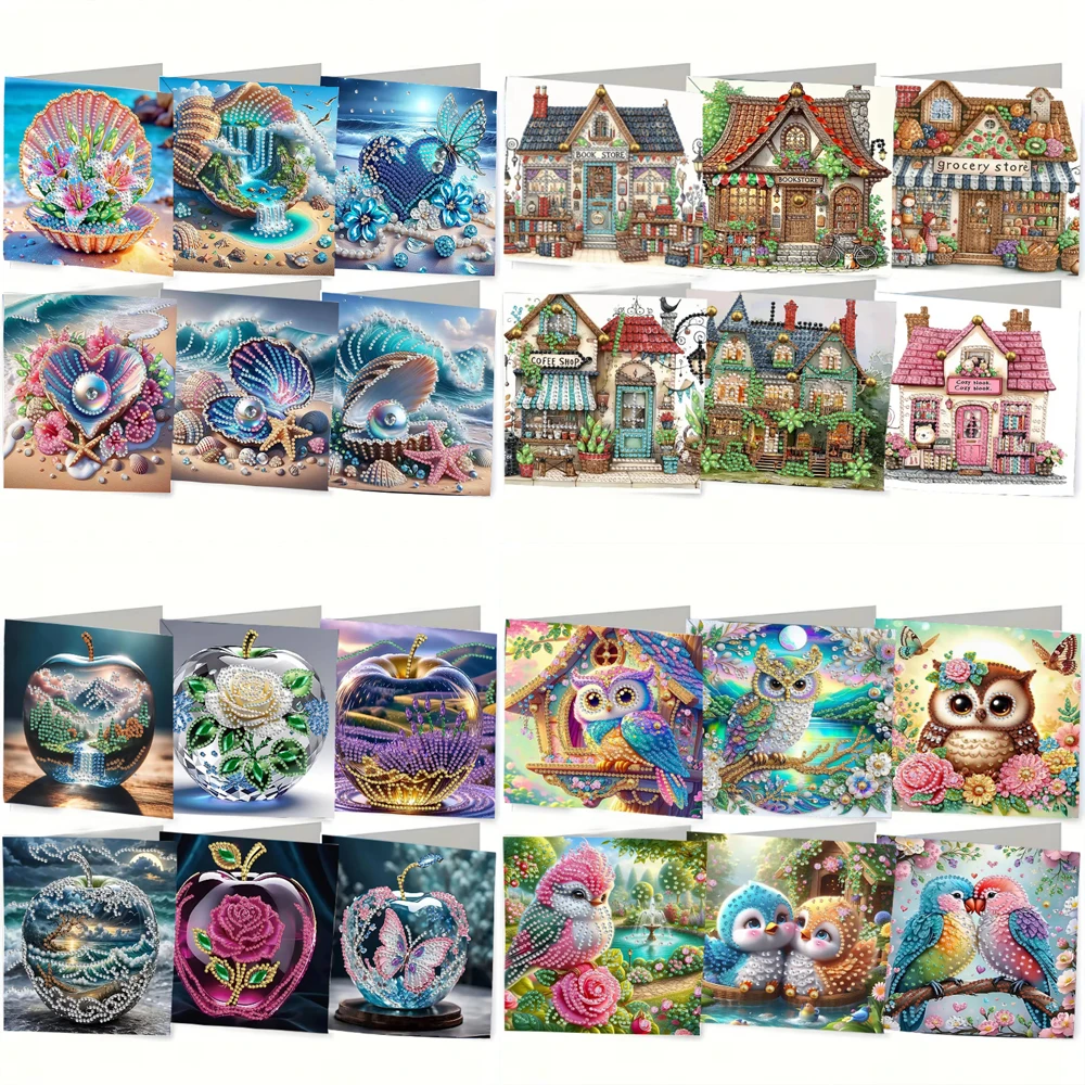 6-piece DIY Diamond Painting Birthday Gift Card Set, Shell and Pearl Pattern Design, Water Diamond Painting