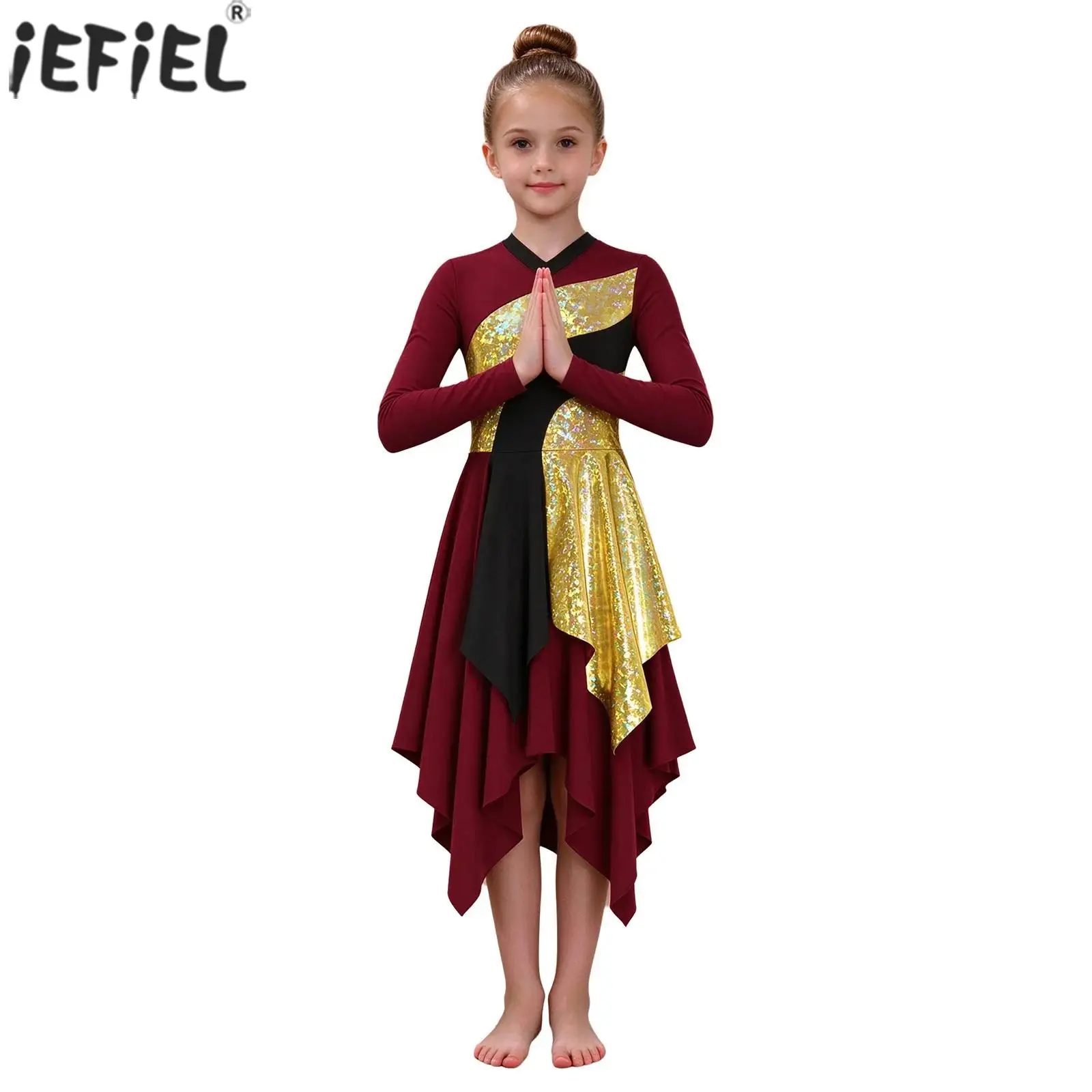 Kids Girls Praise Liturgical Worship Dance Dress Long Sleeve Metallic Color-blocked Irregular Hem Robe Choir Lyrical Dancewear