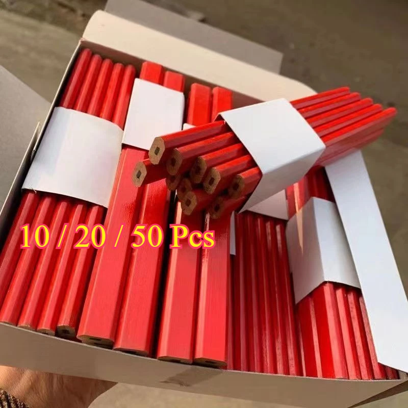 10/20/50 Pcs Flat Octagonal Woodworking Carpenter Pencils, Black Red Square Marking Pencils for Construction Site Woodwork DIY