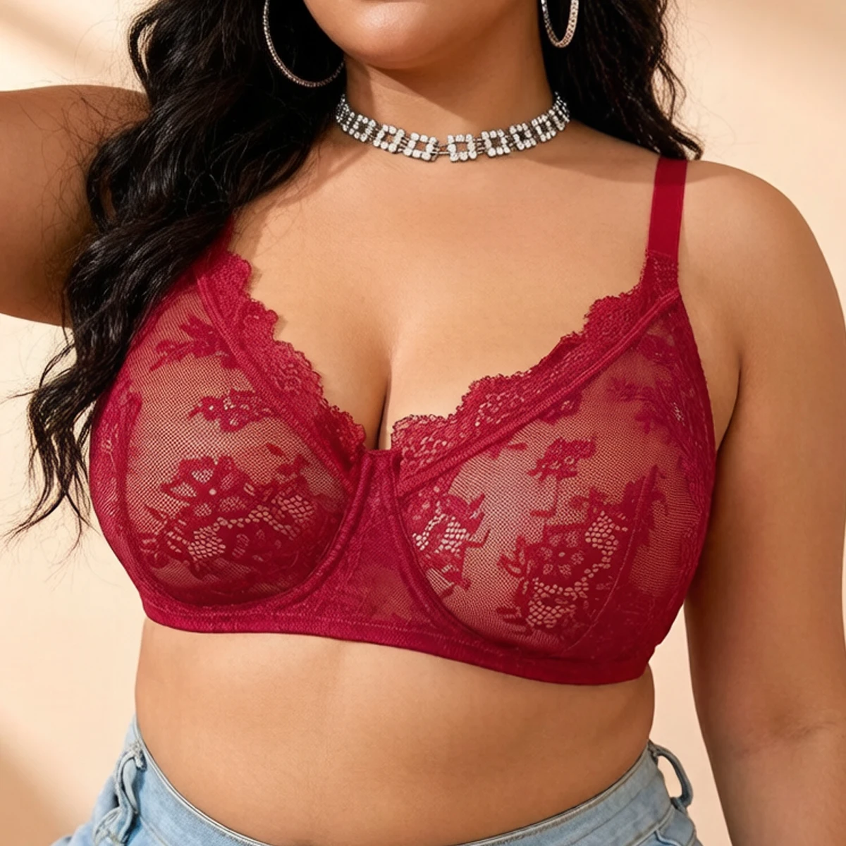 Sujetador de encaje rojo transparente con aros y cobertura completa para mujer, talla grande, sin forro, con bordado de malla, lencería transparente para busto grande