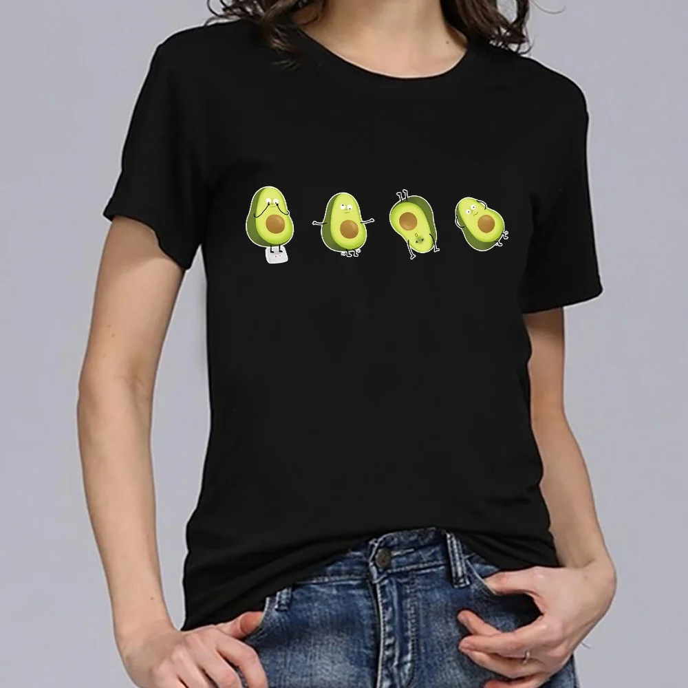 T Shirt Ladies Round Neck Tee Short Sleeve Black Simple Avocado Print Summer Fashion Casual Women Top T Shirt