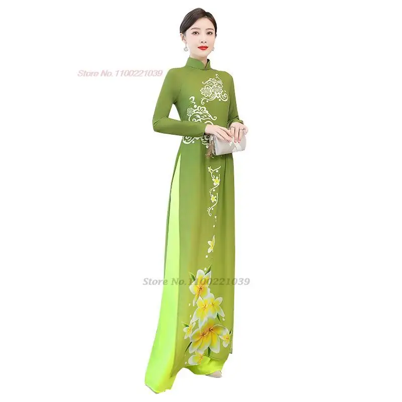2026 vietnamese aodai dress women traditional flower print vintage elegant qipao dress+pants sets asian improved dress qipao