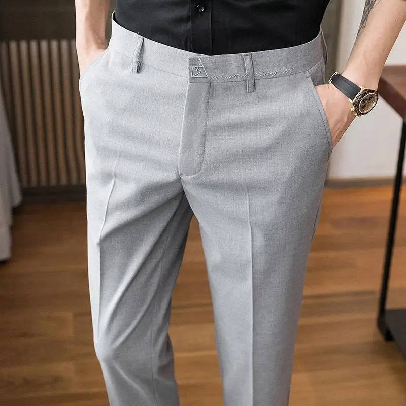 Men\'s Summer Pants Social Tailoring Tressed Slim Fit Cotton Business Male Suit Trousers Cheap Formal Fabric New in Up Elegant