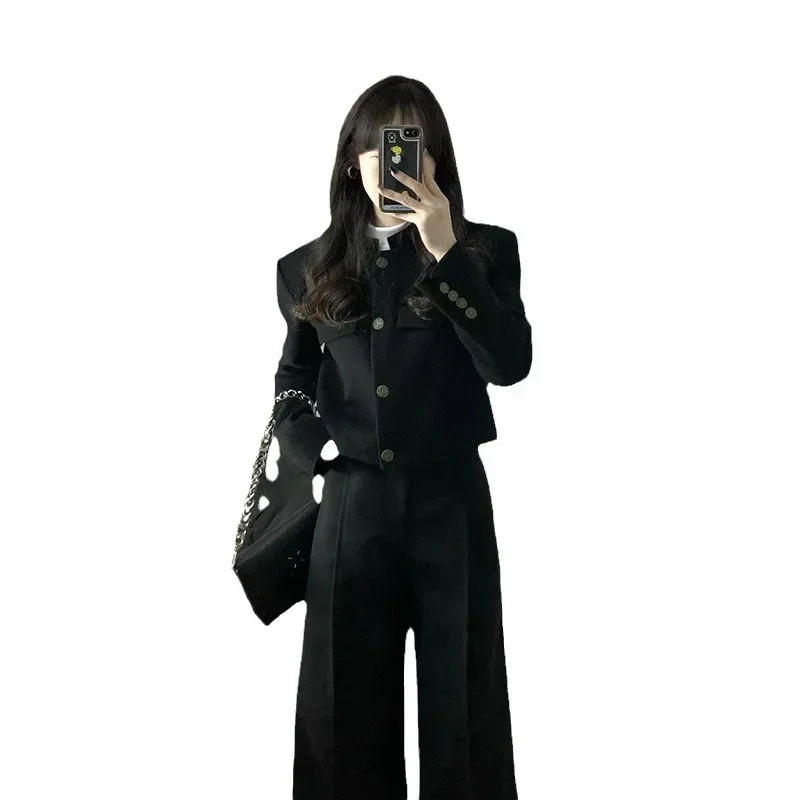 Korean Black Two Piece Sets Women Outifits Autumn Winter Long Sleeve Cropped Blazer Coat + High Waisted Wide Leg Pant Suits Y2k