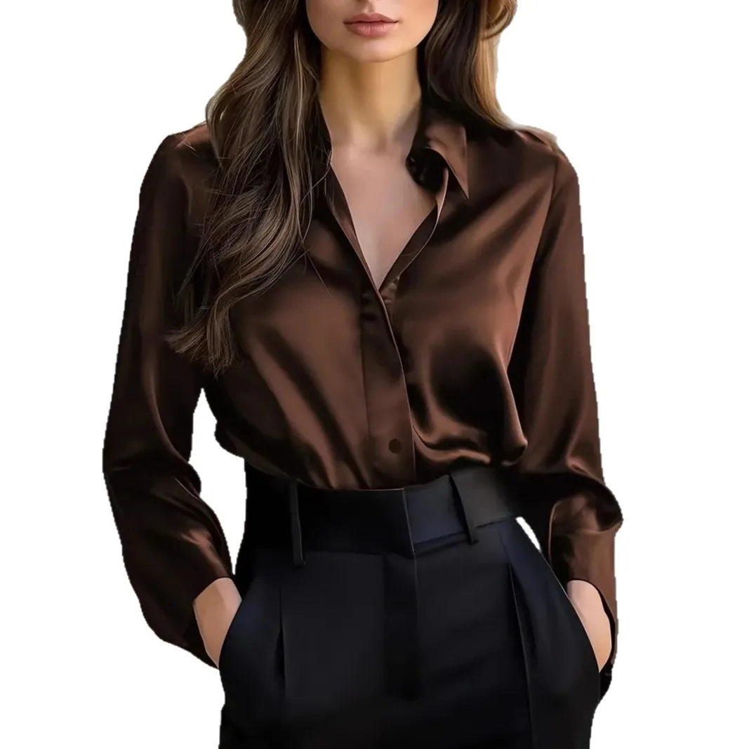 Kemeja Kerah Wanita Musim Semi dan Gugur 2025, Cardigan Kancing Cokelat, Atasan Hitam Elegan, Blus Kantor Fashion Dasar untuk Wanita