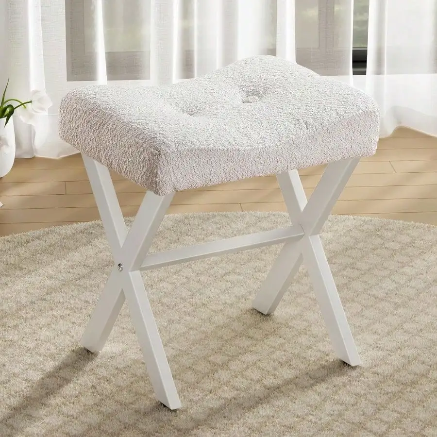 

18Inch Vanity Stool Chair Vanity Bench With Metal XLegs Ottoman Foot Stool With Breathable And Soft Boucle Fabric Saddle Seat Wh