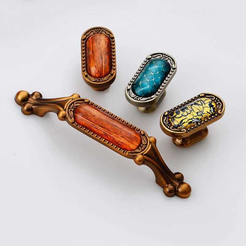 KK&FING European Classical Crystal Zinc Alloy Cabinet Handles Drawer Knobs Vintage Wood Grain Cupboard Wardrobe Door Handle