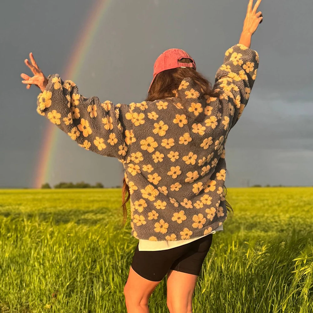 Ticketsx Floral Print Imitation Lamb Wool Hoodie Women's Full Sleeve Zip Pocket Loose Top Lady Autumn Chic Casual Holiday Coat