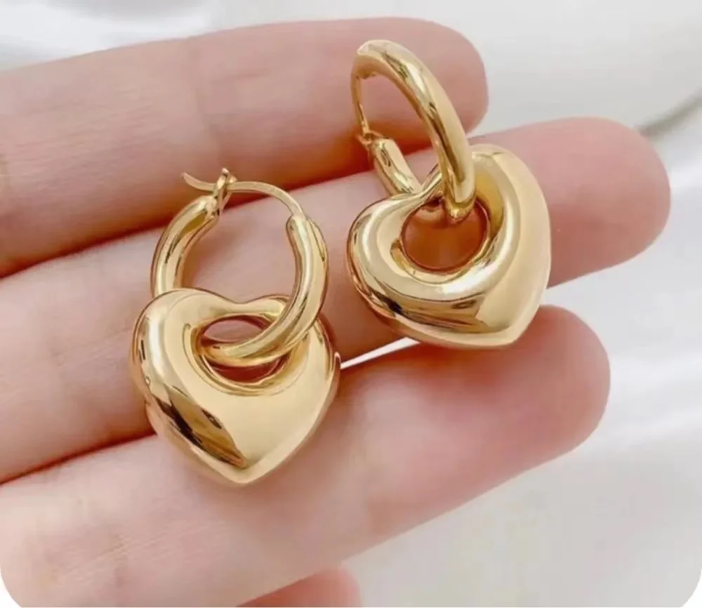 YUNLI Real 18K Gold Hoop Earring Pure AU750 Heart Drop Vintage Earrings for Women Fine Jewelry Gift