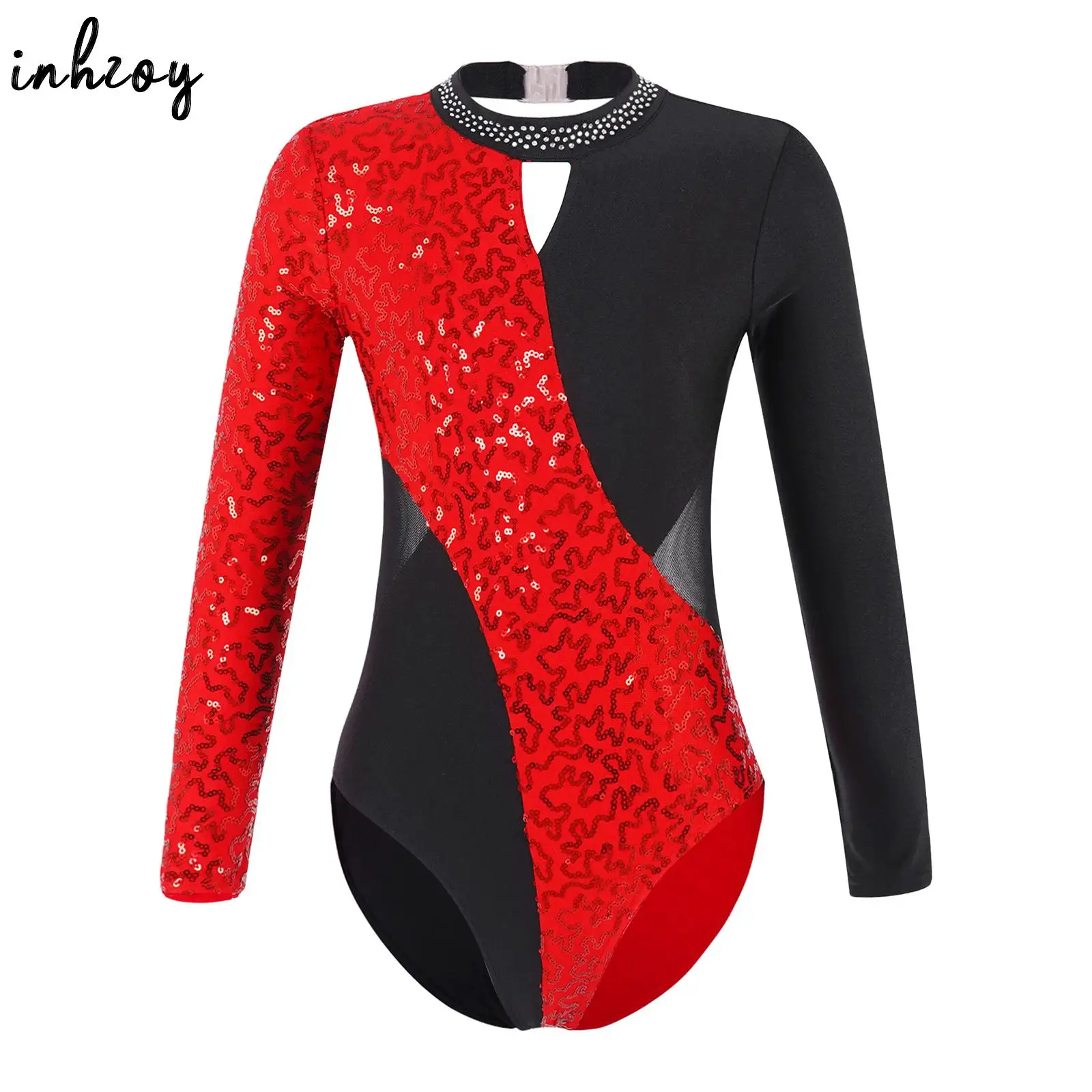 Kids Girls Gymnastics Jumpsuits Bodysuit Long Sleeve Sparkly Sequins Leotards for Ice Skating Ballet Dance Practice Performance