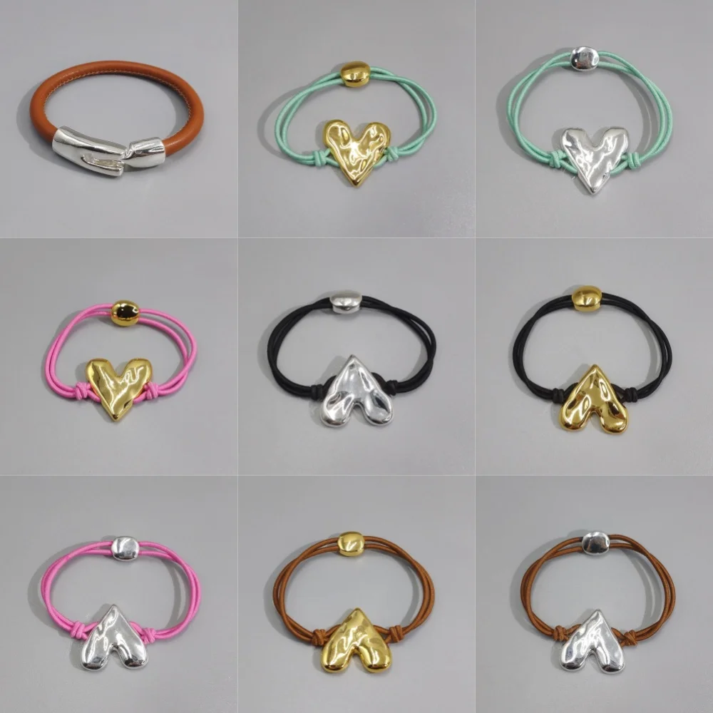 Heart bracelet, gold and silver plated heart pendant, adjustable multi-color wax cord bracelet minimalist fashion first gift