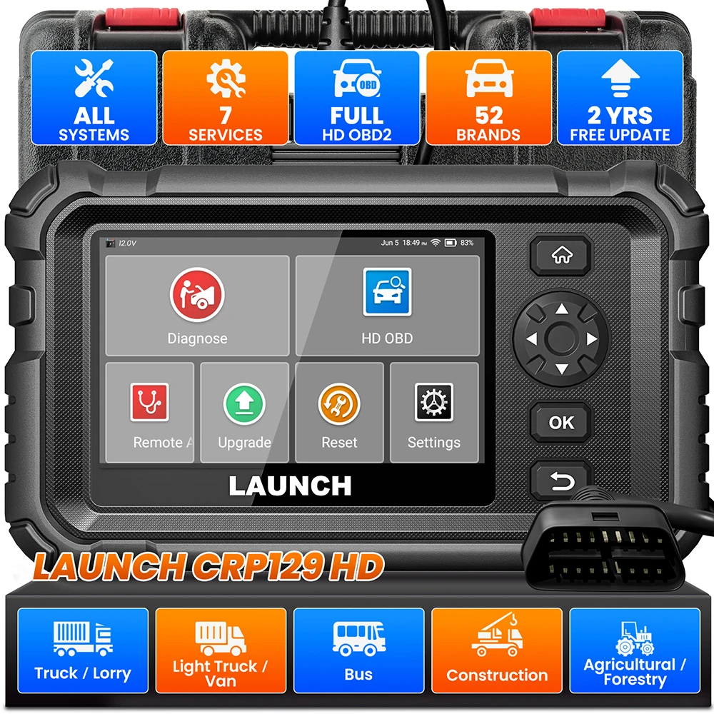 New LAUNCH X431 CRP129 HD Car Full System Diagnostic Tools Support 12V Cars 24V Trucks 7 Reset Functions 2 Years Free Update