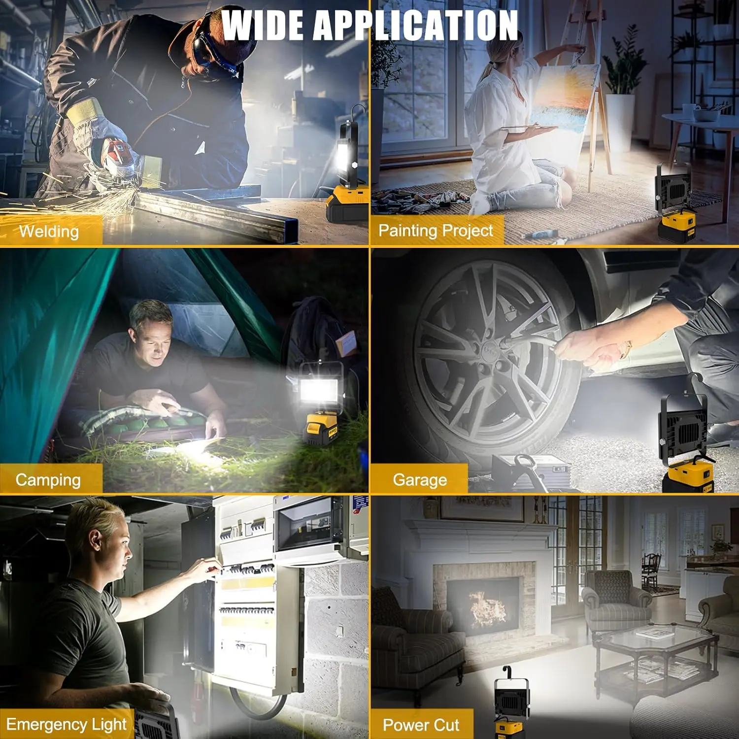48W/60W/100W Portable LED Work Light Rechargeable LED Flood Light for Dewalt 18V-20V Li-ion Battery Cordless Work Light 6000k