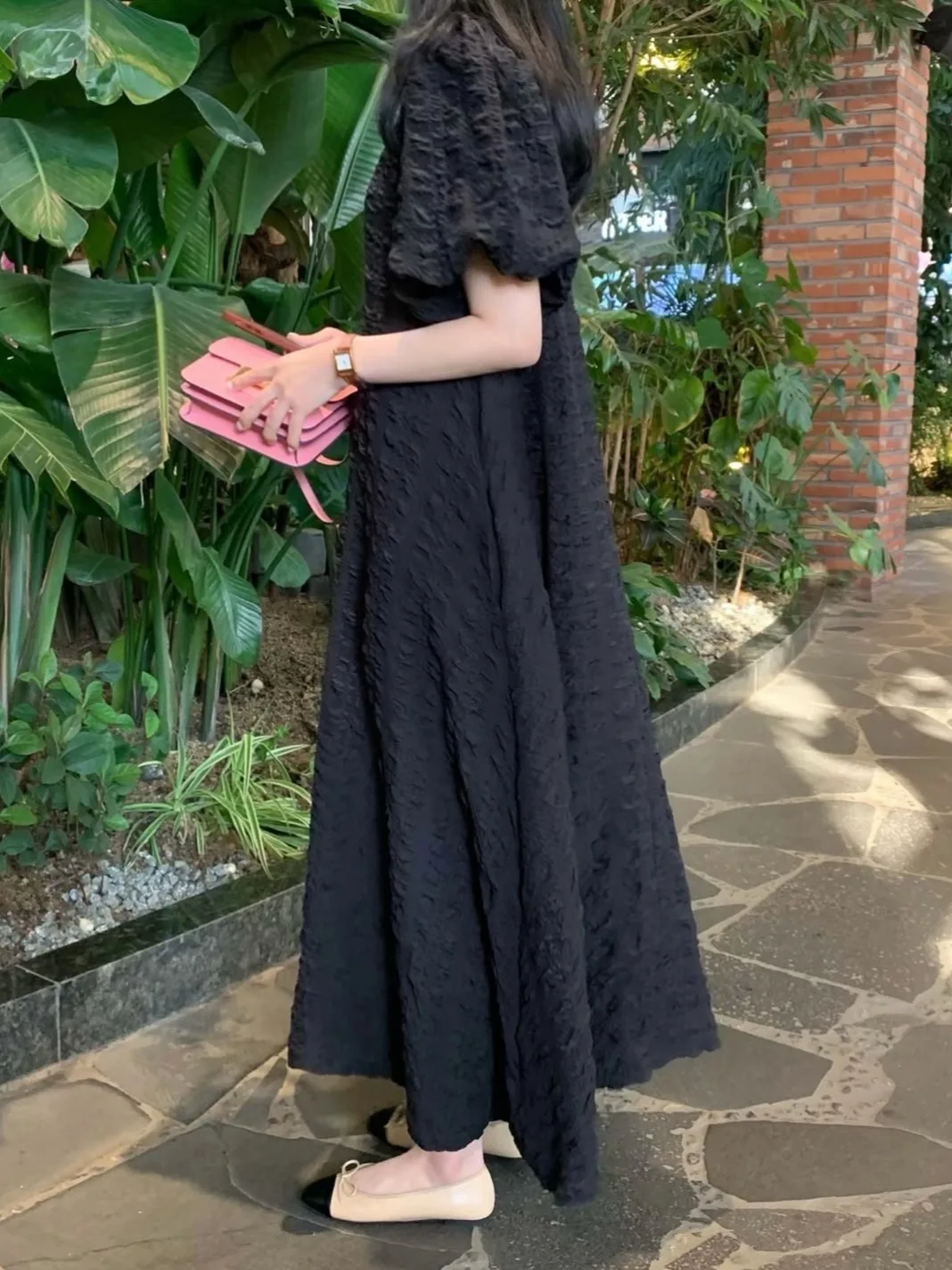 Vestido F Novo Estilo de Verão, Solto, Manga Bufante, Longo, Branco, Textura Amassada, Estilo Casual para Primavera e ...