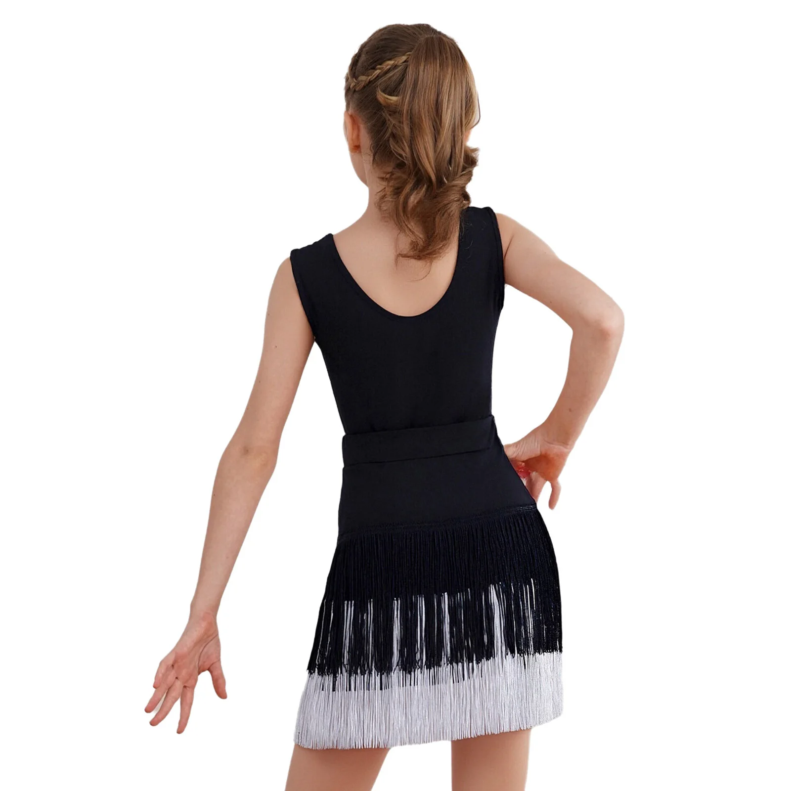 キッズガールズラテンダンス衣装ノースリーブシアーメッシュレオタードタッセルスカート付きタンゴチャチャサンバダンスステージパフォーマンス用