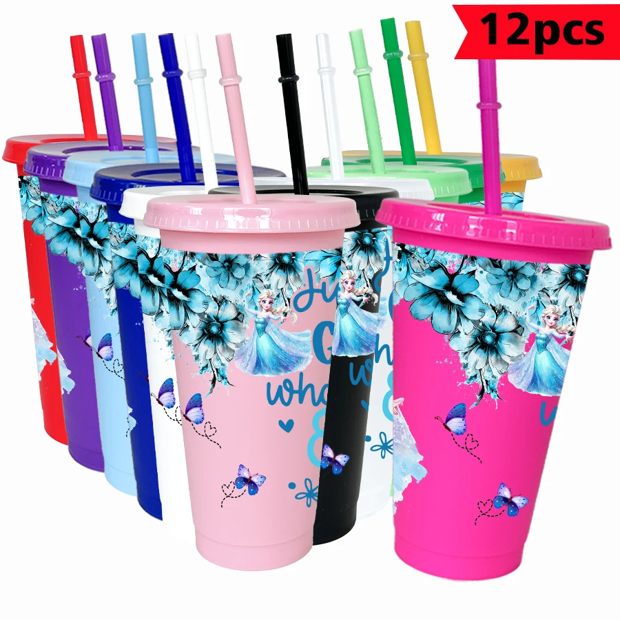 

12 Pcs/pack Disney Elsa Butterfly Print 26oz Colorful Plastic Tumbler Birthday Party Drinkware Juice Coffee Cup