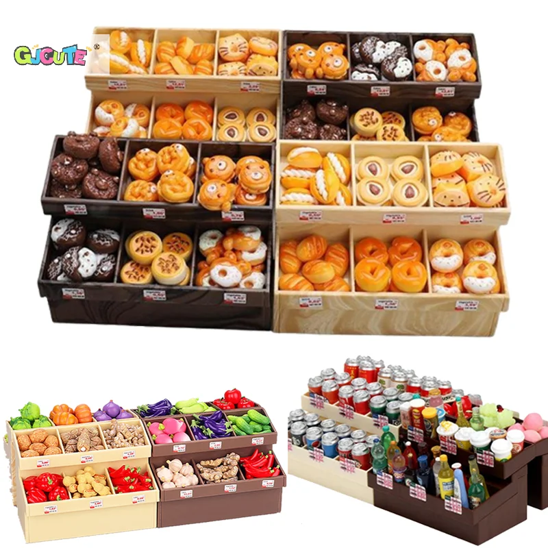 Dollhouse Miniature Food Display Stand Mini Cake Bread Dessert Show Cabinet Simulation Furniture Model Supermarket Scene Prop