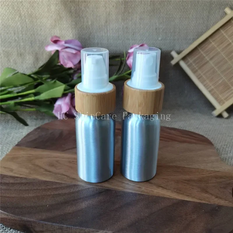 

Small Size Aluminum Bottle Bottle with Bamboo Spray Lotion Pump Bottle Eco Friendly Cosmetic Packaging container with cap