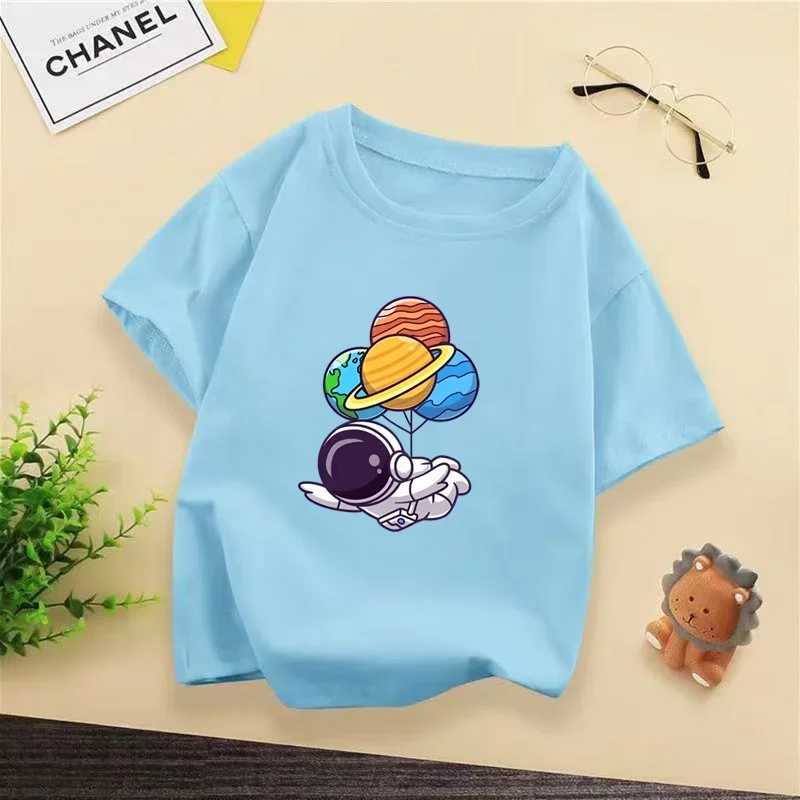 Kids Astronaut Balloon Planets Short Sleeve T-shirt Cute Space Graphic Cotton Casual Tee for Boys And Girls