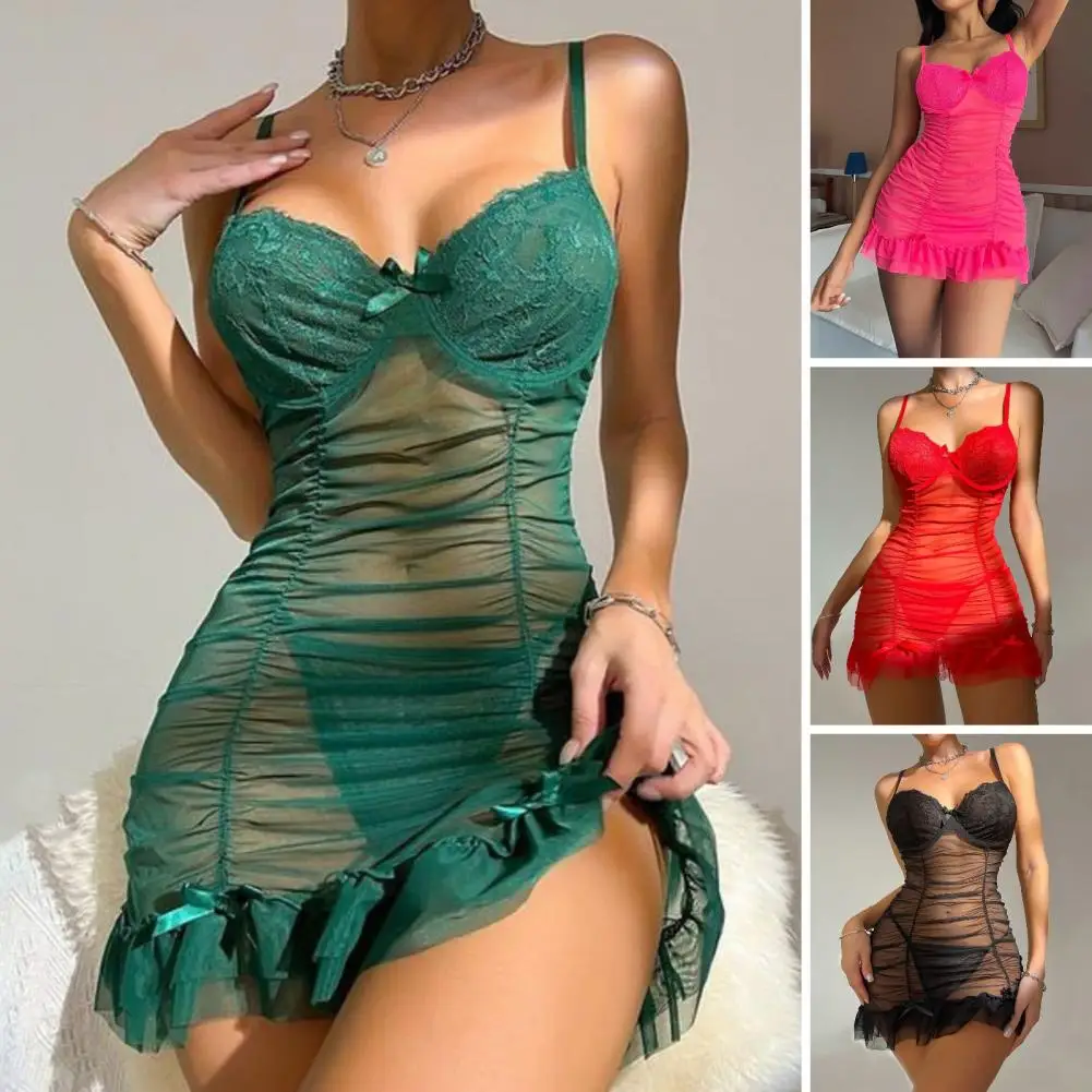 

2 Pcs/Set Nightdress Panties Set Spaghetti Strap Nightwear Pleated Transparent Mesh Bow Ruffle Dress Sleepwear Set G-string Set