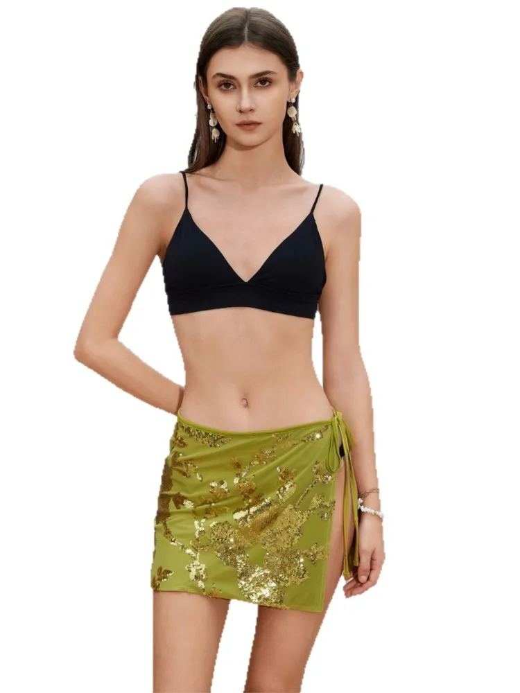 موضة الصلبة شاطئ الترتر المرأة عادية الدانتيل يصل منخفضة الخصر شق تنورة صغيرة صيف 2026 جديد بحر التوابل فتاة بيكيني التستر