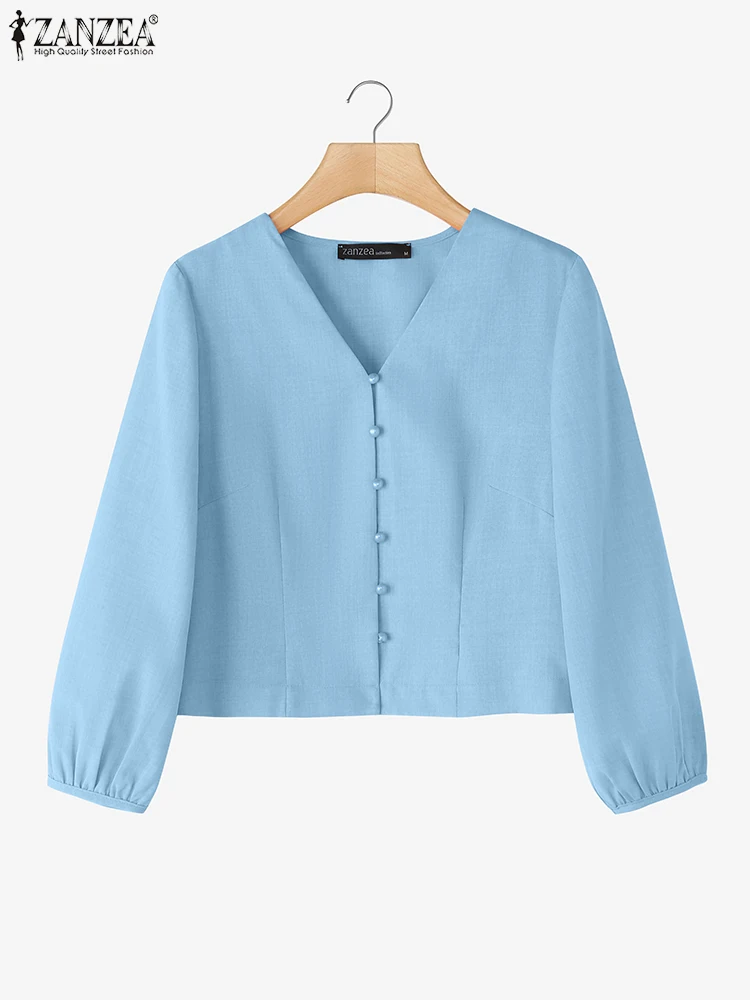 ZANZEA Autumn Women Shirts Casual V-Neck Blouse 2025 Fashion 3/4 Lantern Sleeve Tops Vintage Loose Buttons Solid Color Blusas