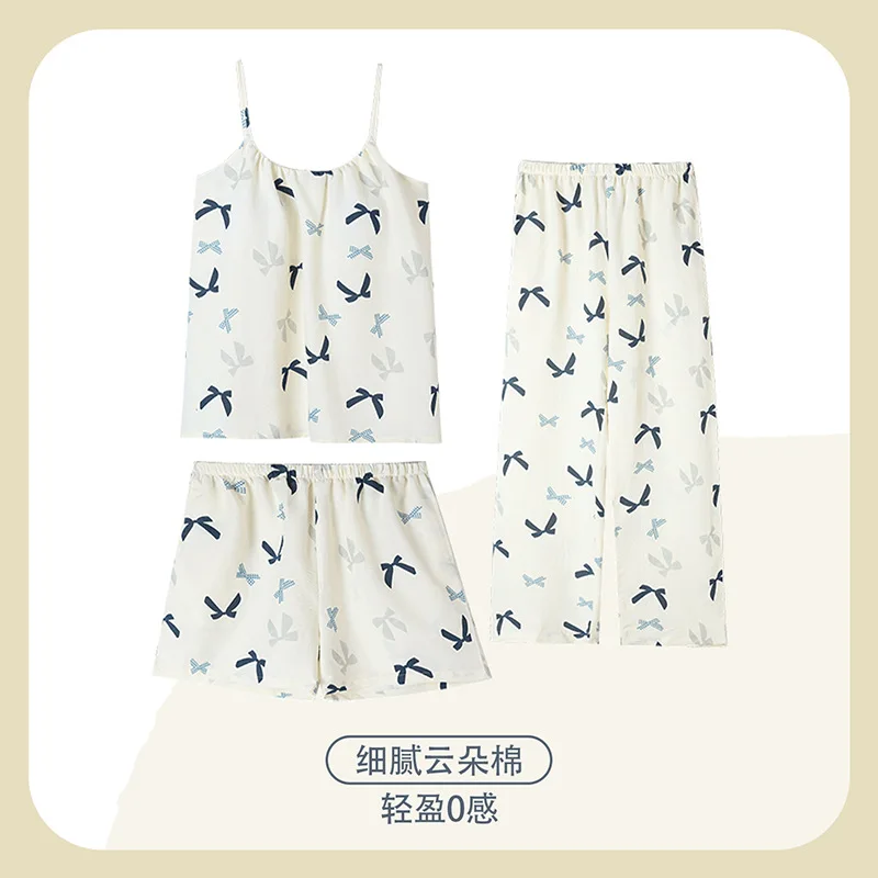 Korean Fashion 3 Pieces Set Nightwear For Women Summer Shorts Long Pant Sleeveless Sleeping Top Sleepwear Young Girl M-2XL Pjs