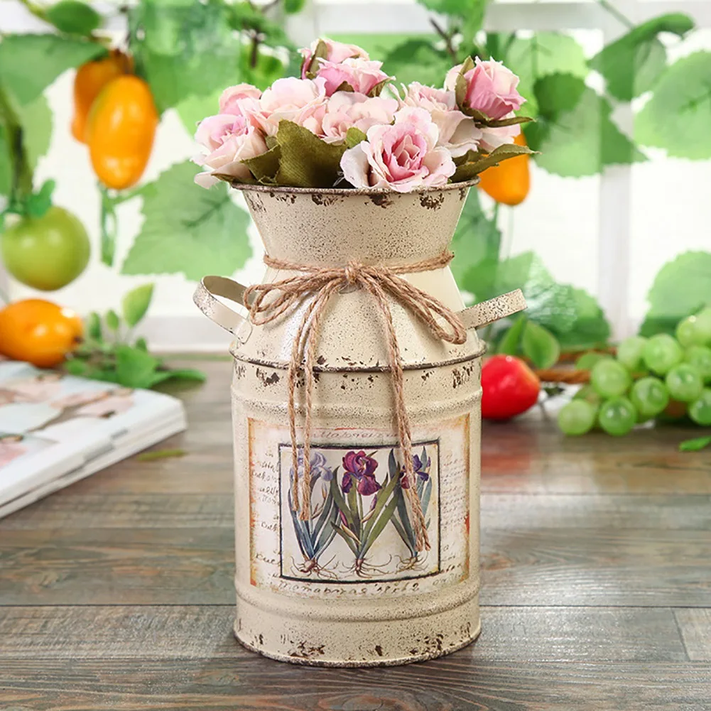 Shabby Table Gift Arrangement Craft Home Decoration Vintage Pots Iron Bucket Wedding Flower Vase Rural Style -Beige