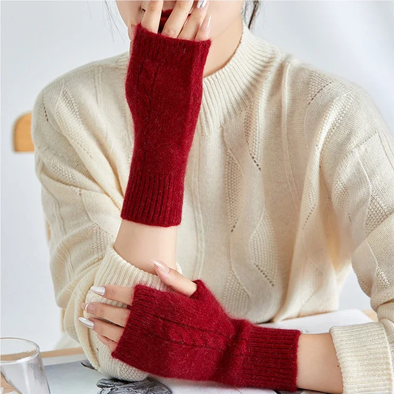 100% Mink Cashmere Knitted Fingerless Glove For Women Winter Warm Solid Soft Half Mitten Lady Korea Fashion Cashmere Wristband