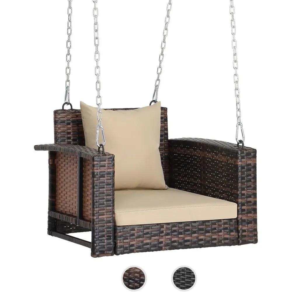 

1-Person Rattan Porch Swing with Cushions and Adjustable Chains, Supports 440 LBS, Ideal for Patio, Garden, Yard, and Lawn, Brow