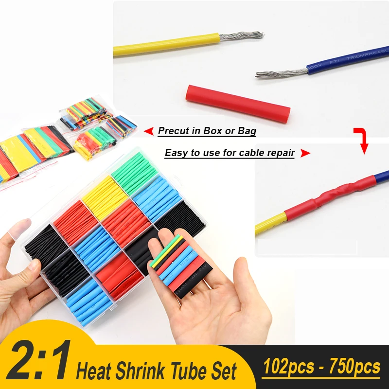 2:1 Heat Shrink Tubing Kit Shrinkable Wire Harness Sleeves Cable Insulation Connection Protection Sleeves 102-750 pieces