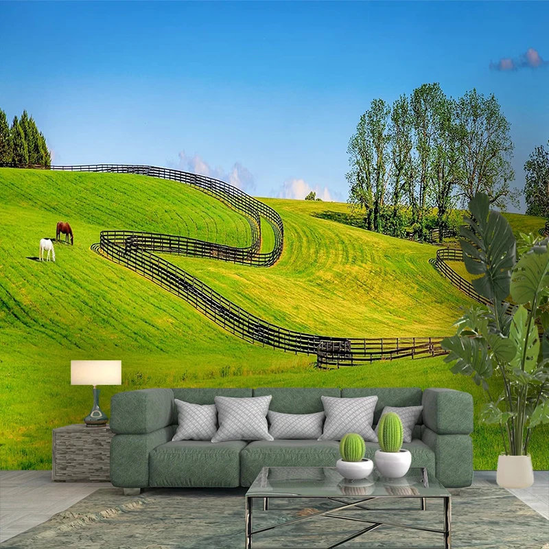 1PC Green Pasture Fence View Art Print Backdrop Banner, Bedroom Living Room Photo Background, Polyester, Home Decor, Wall Art