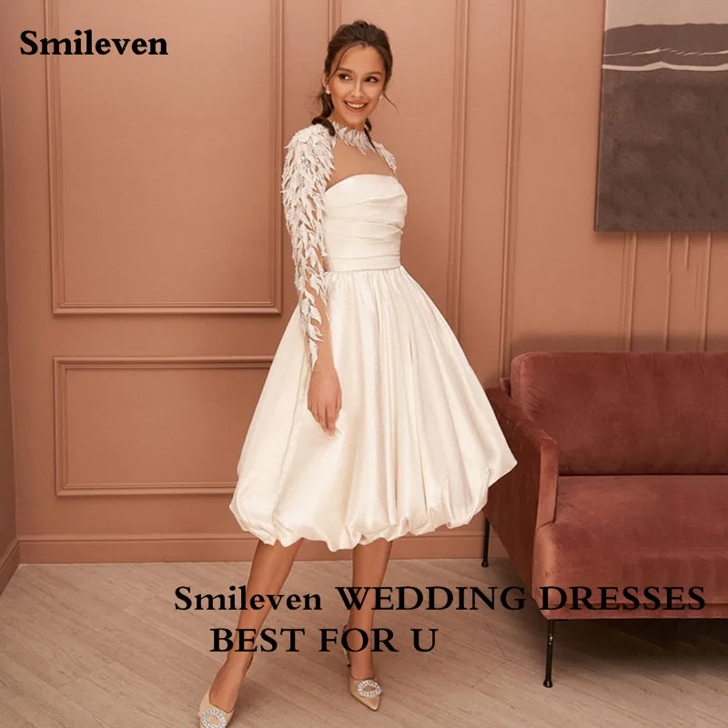 

Smileven Soft Satin Short Wedding Dresses Long Sleeve Lace Bride Dress Vestido De Noiva Knee Length Wedding Gowns