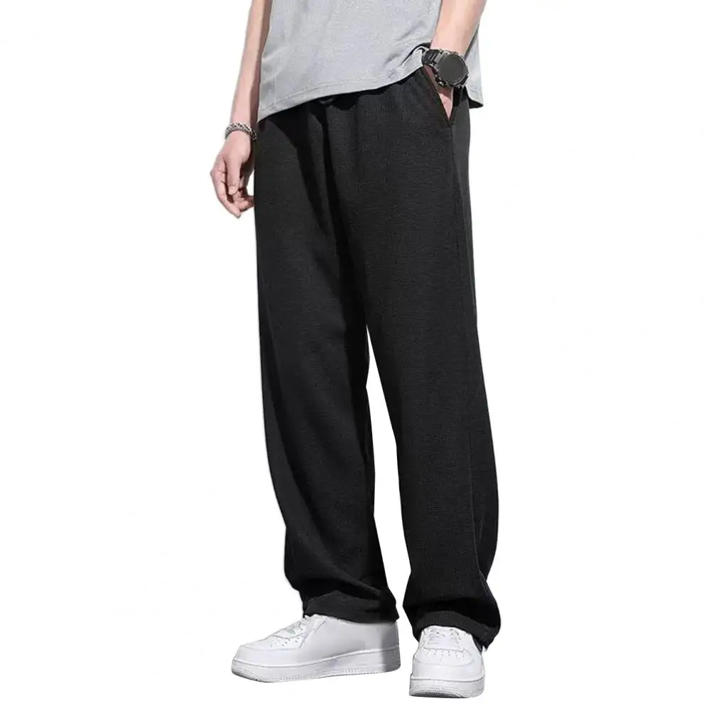 Basic Style Trousers Men's Loose Straight Drawstring Sweatpants with Elastic Waist Pockets Solid Color Breathable Soft for Daily