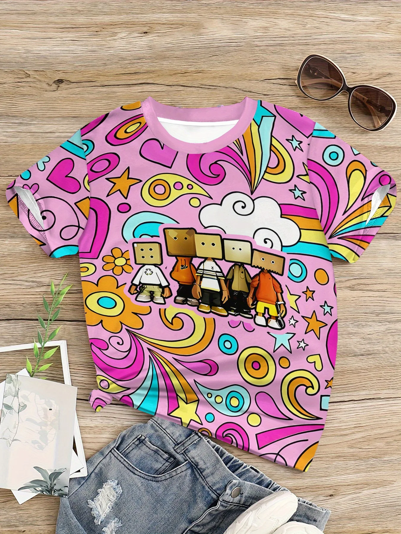 Girls Boys Graphic Tee, Cute Box Characters Allover Retro Psychedelic Pattern Casual Summer Kids Short Sleeve T-Shirt
