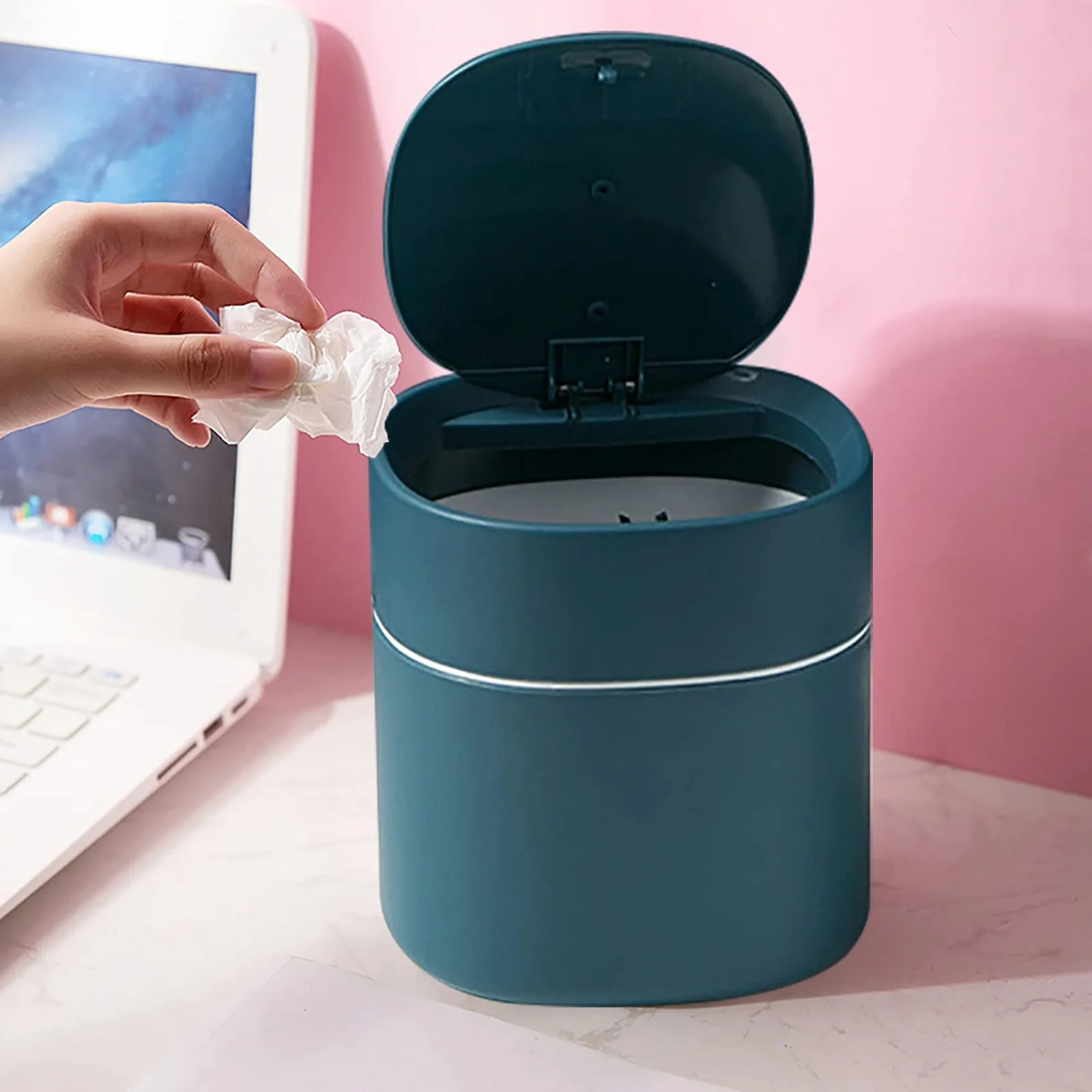 Mini Trash Can Desktop Waste Bin with Press-Open Lid Small Table Top Bin Graceful Round Corner Paper Bin for Home A