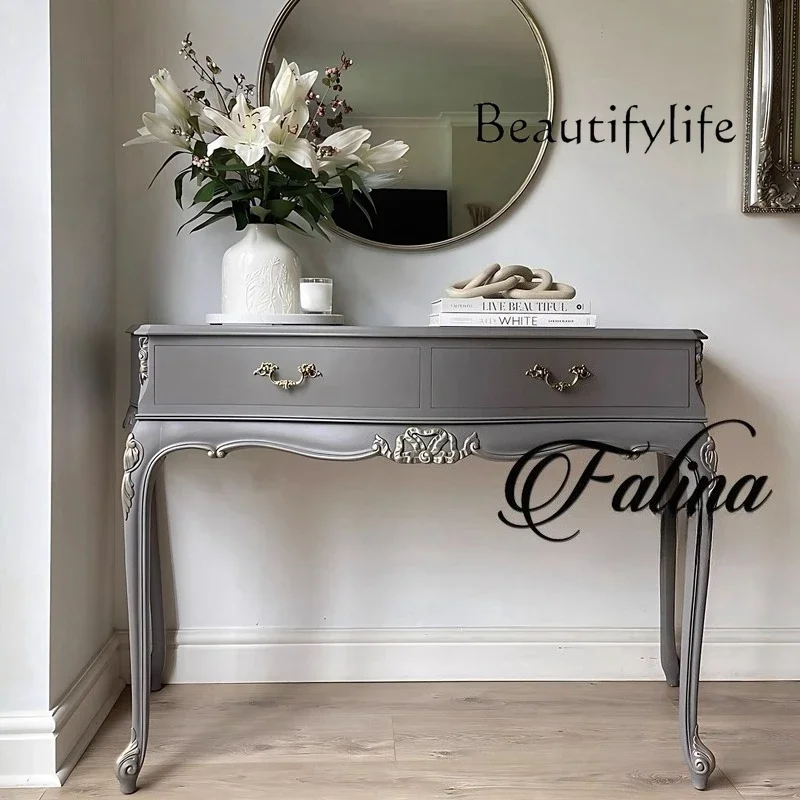 

WM French solid wood porch entrance hall against the wall entrance table carved European high-grade gray porch cabinet