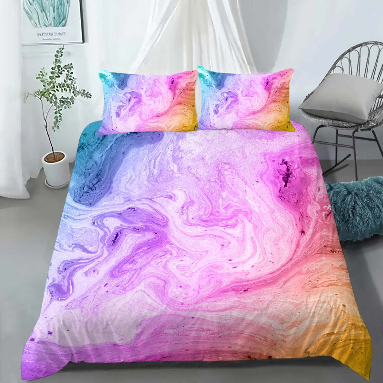 Colorful Marble Duvet Cover Set Tie Dye Bedding Set Teen Girl Bedding Watercolor Pastel Marble Abstract Girly Comforter Cover