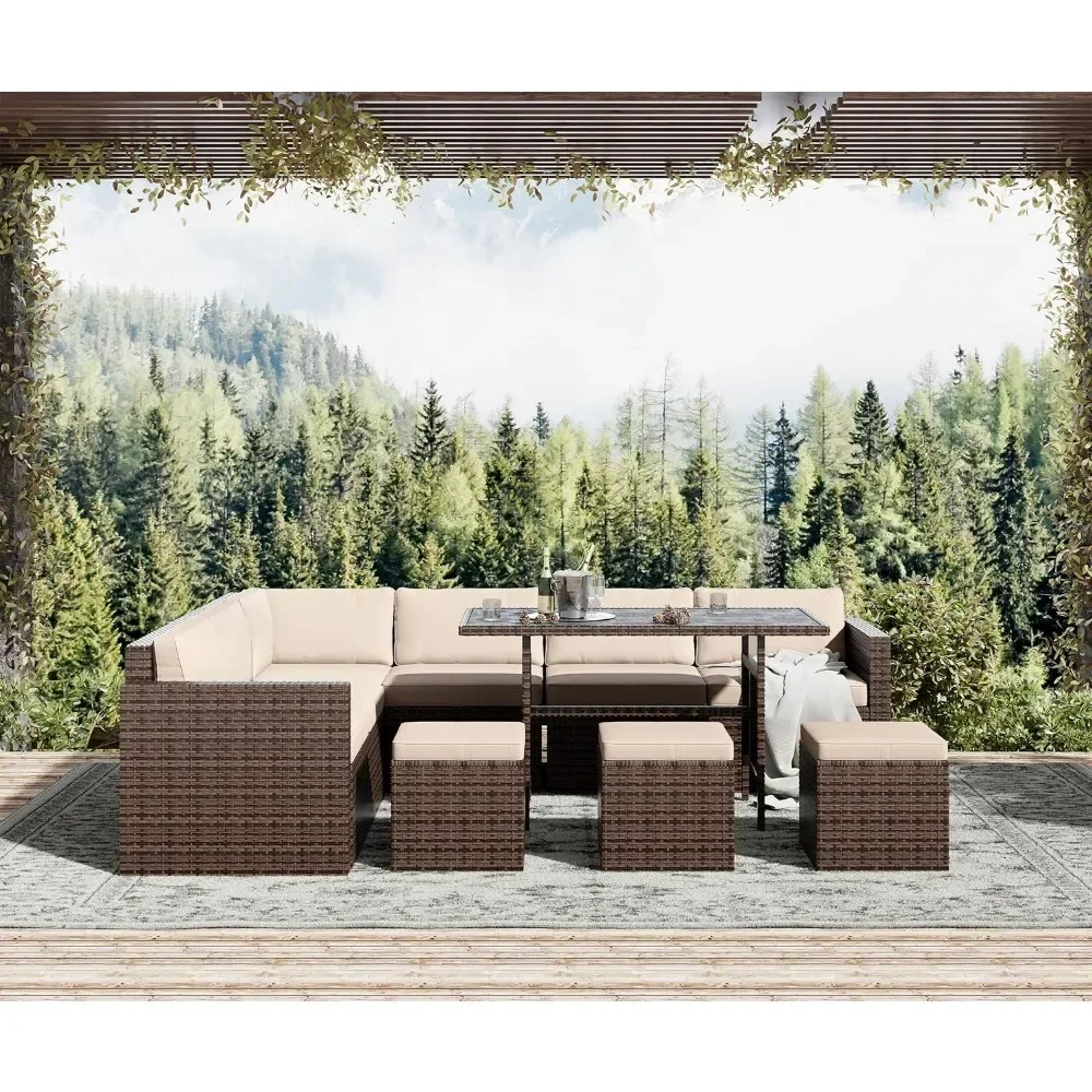 Outdoor Furniture Patio Sectional Sofa, 7 Piece Patio Furniture Set,  All Weather PE Rattan Outdoor set with Cushions and Table