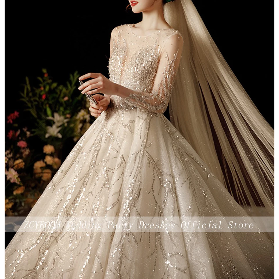 

Gorgeous White O-Neck Sequin Full Sleeves Wedding Dress 2024 Ball Gown Floor Length Court Train Appliques Zipper Bridal Gown