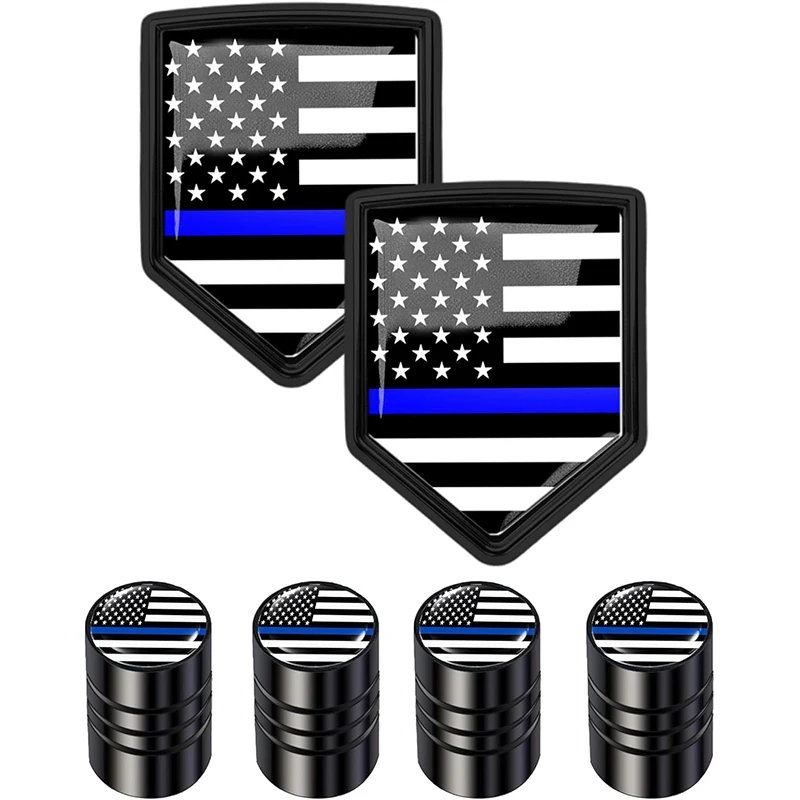 

2-Pack Thin Blue Line Shield Decals & 4-Pack Valve Stem Caps for Cars SUVs Trucks Durable Auto Accessorie