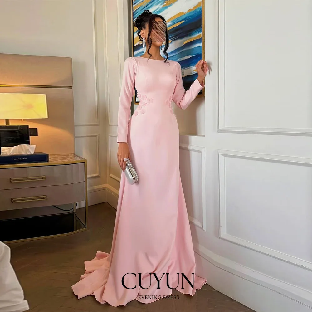 

CUYUN Саудовское розовое скромное вечернее платье женское с длинными рукавами и цветочной аппликацией элегантное свадебное платье для гостей для вечеринки по индивидуальному заказу