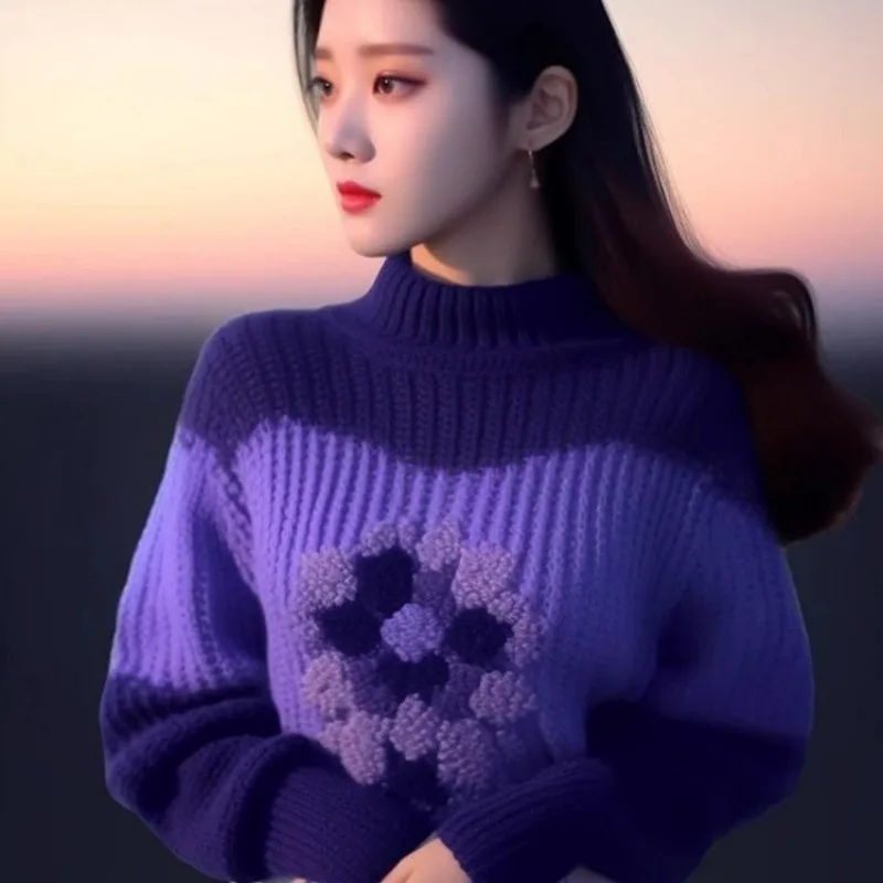 

High End and Super Beautiful Purple Flower Sweater Women Loose and Chic Exquisite Knitted Tops Korean Fashion Womens Clothing