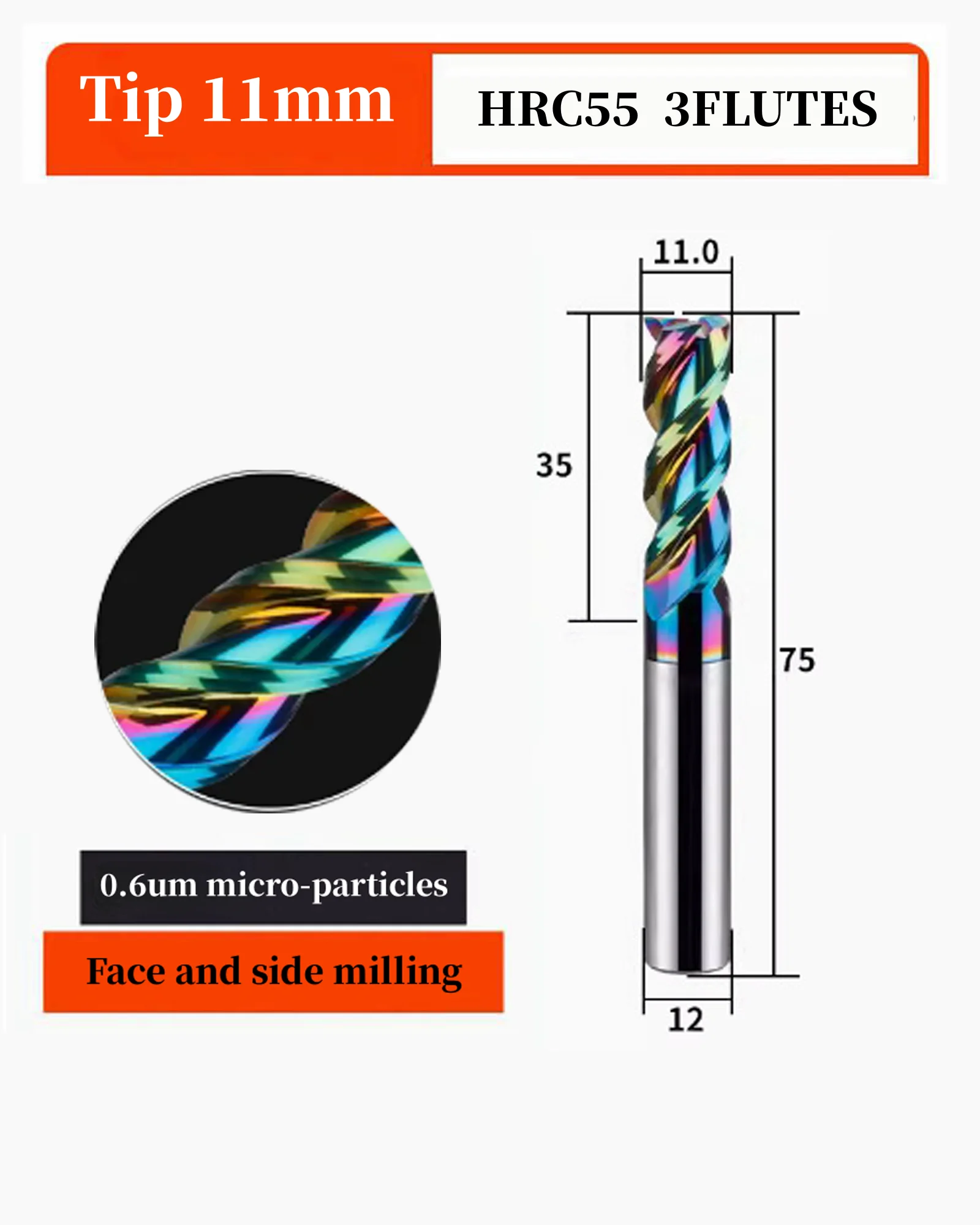 3pcs HRC55 11.0mm Tungsten steel Square Nose 3 Flutes Carbide End Mills with Nanco Colorful Coating CNC Bits for Plastic