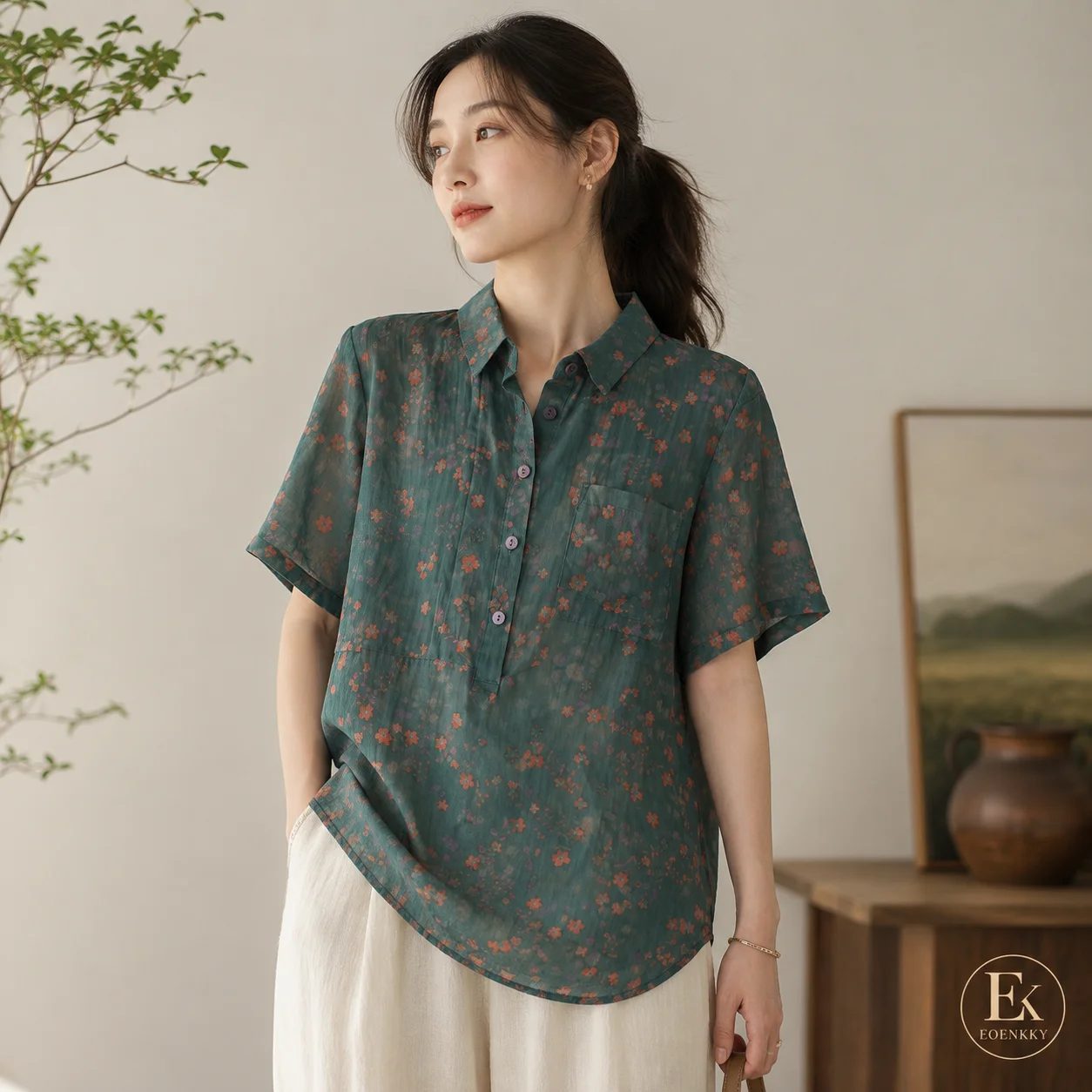 EOENKKY Women’s Vintage Floral Cotton Linen Blouse Short Sleeve Loose Fit Collared Pullover Summer Shirt
