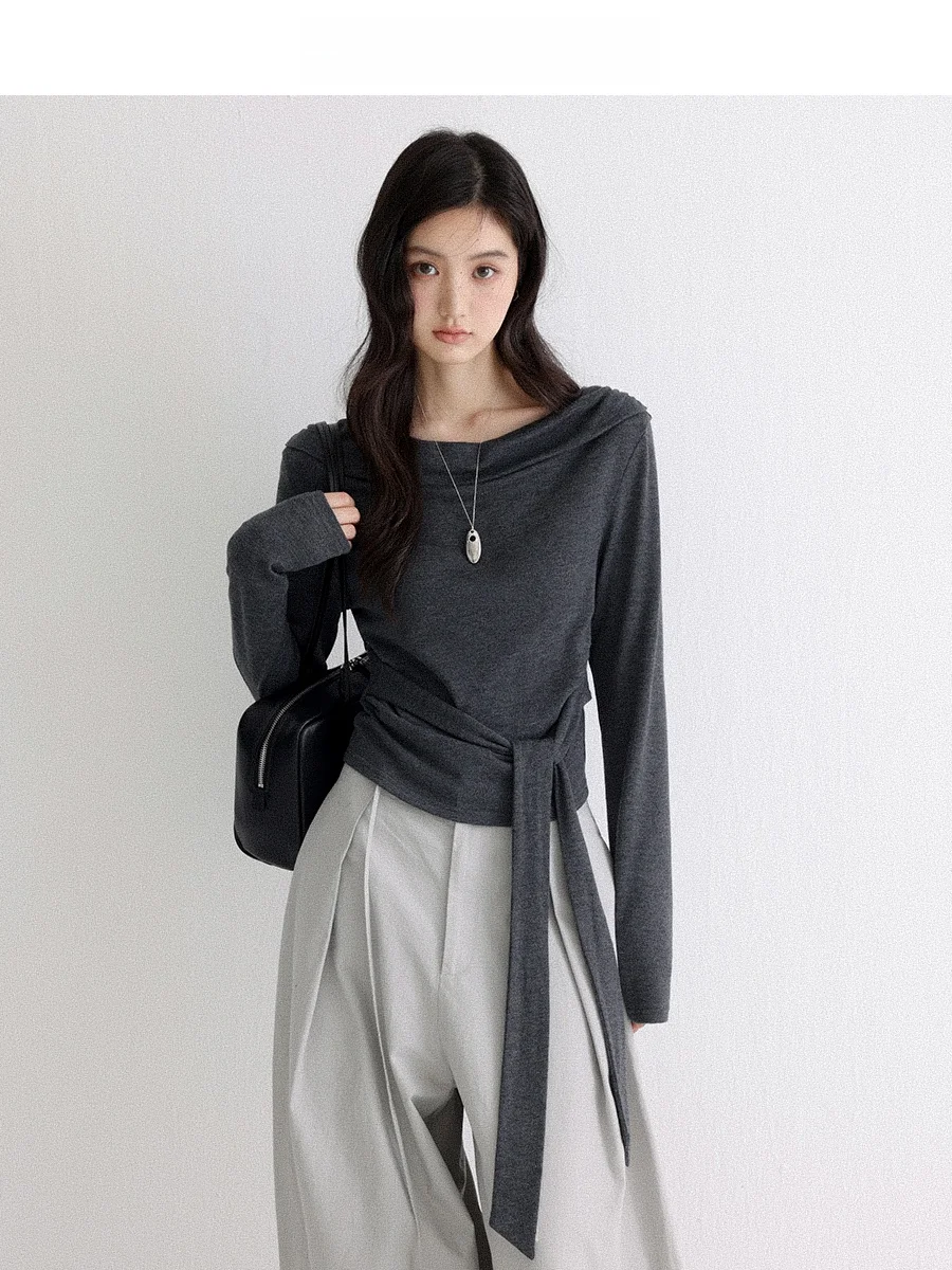 

CHACHASTU Vintage ey Belted Long Sve Women's mat Slim Fit Overhead T-irt Faionable Ele Small Size