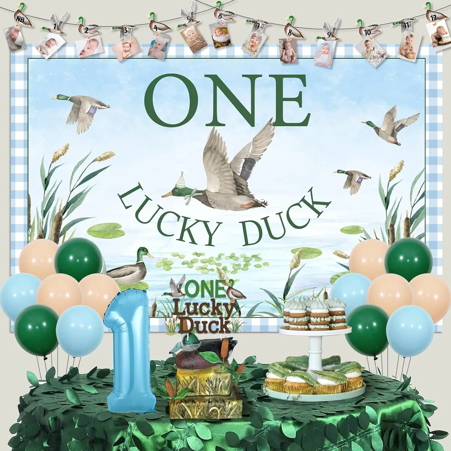 Duck Huntin1st Birthday Decor One Lucky Duck Photo Banner Mallard Duck Hunt Birthday Backdrop Balloon Cake Topper 1st Birthday