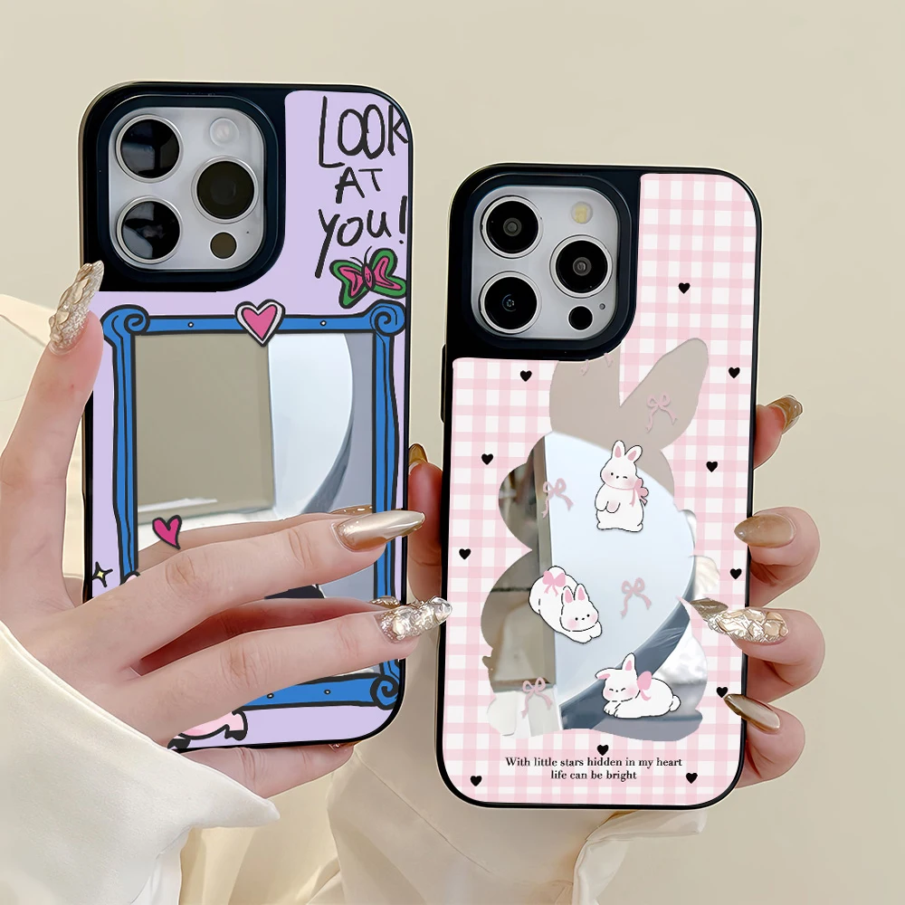 

Luxury Makeup Mirror Phone Case For iPhone 13 14 15 16 Pro Max 12 11 Fundas Cartoon Rubbit Shockproof Bumper Hard PC Back Cover